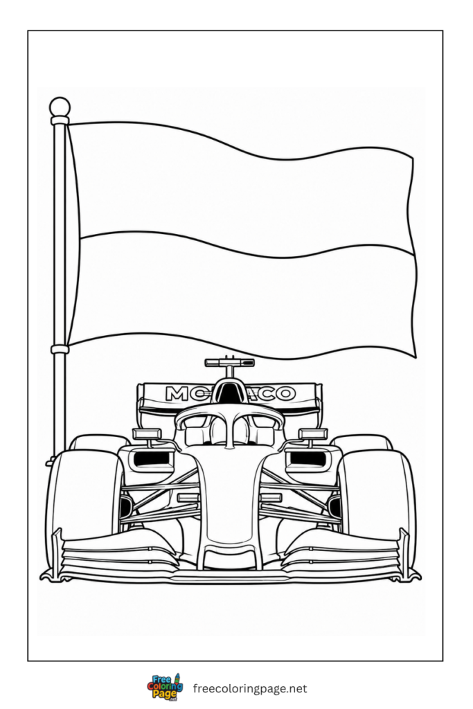 monaco flag waving above formula f1 race car coloring page