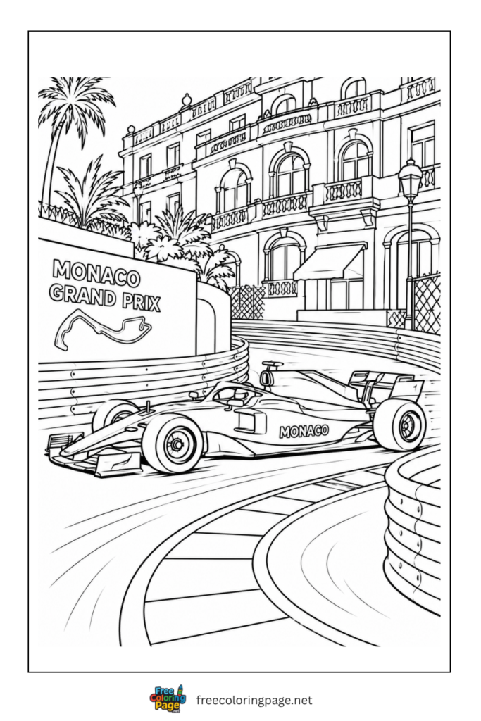 formula f1 race car racing in monaco street coloring page