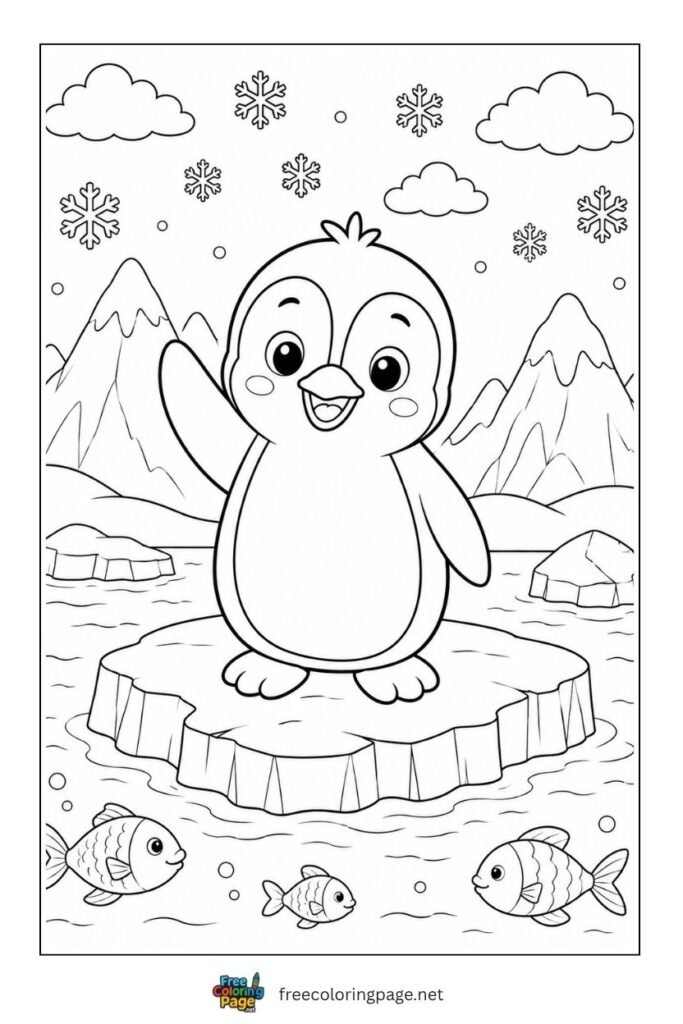 Cartoon penguin waving coloring page