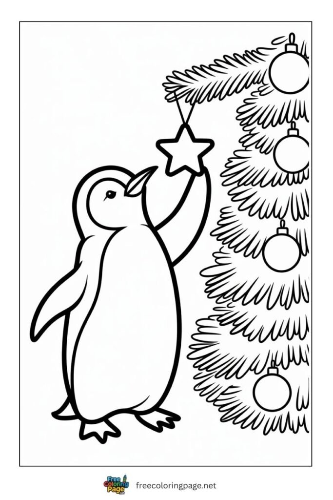 Penguin decorating christmas tree coloring page