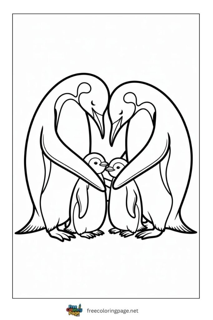 Penguin family together coloring page