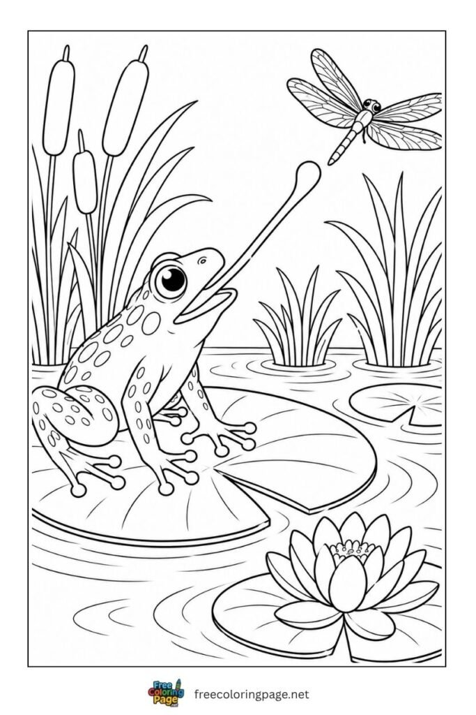 frog catching dragonfly coloring page 