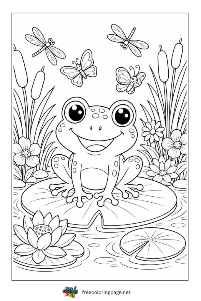 frog sitting on lily pad coloring page