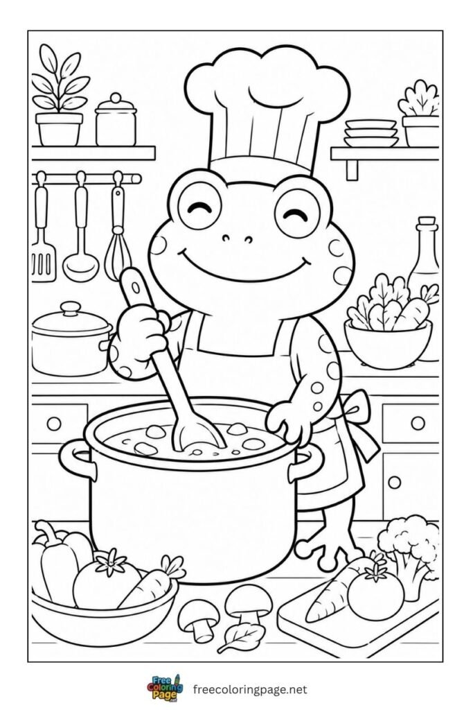 cute frog chef coloring page