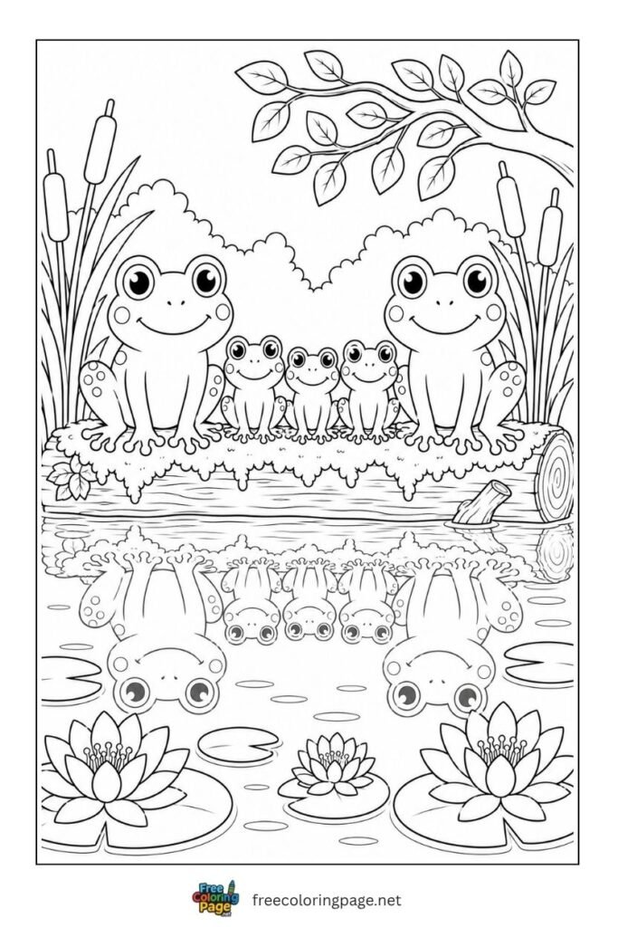 frog family sitting on tree coloring page