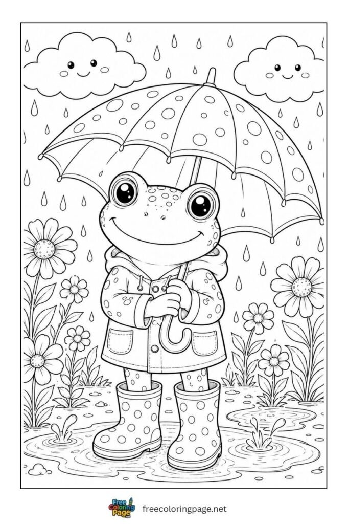 frog wearing rainboots in rain coloring page