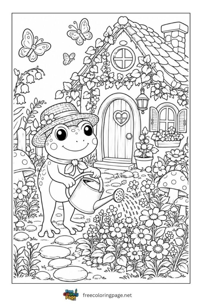 frog in summer garden coloring page