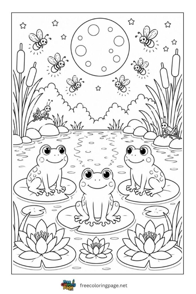 frog night fireflies coloring page