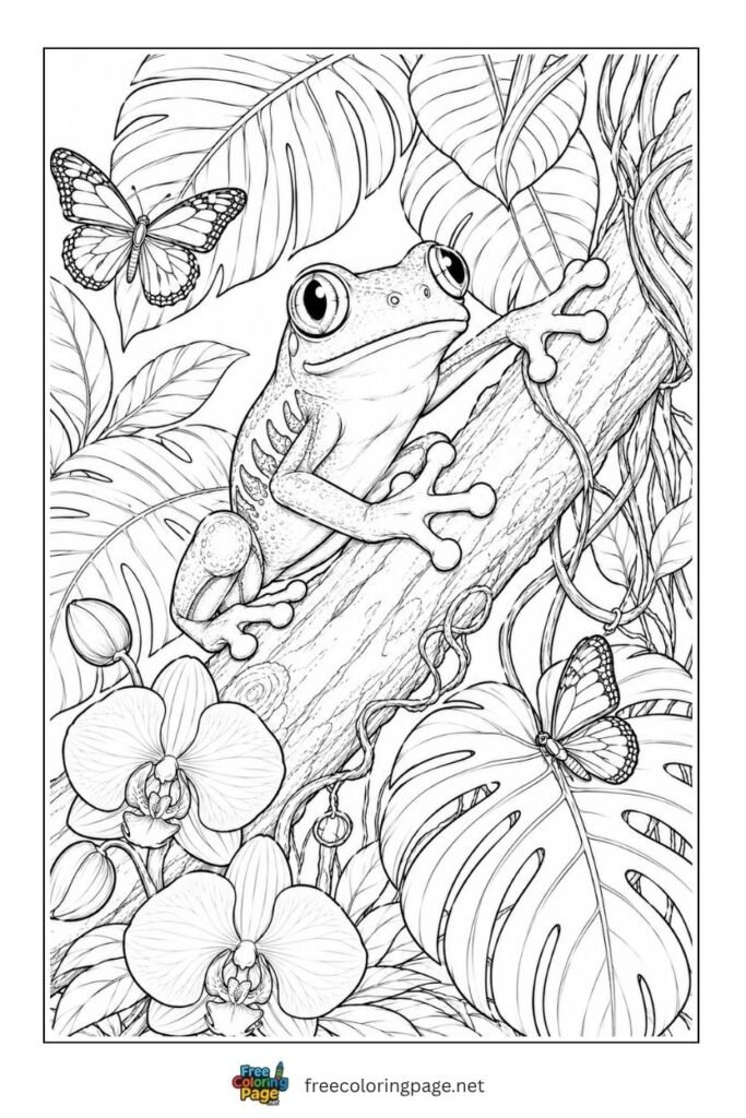 tree frog in jungle coloring page