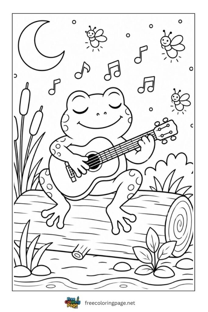 frog playing guitar coloring page