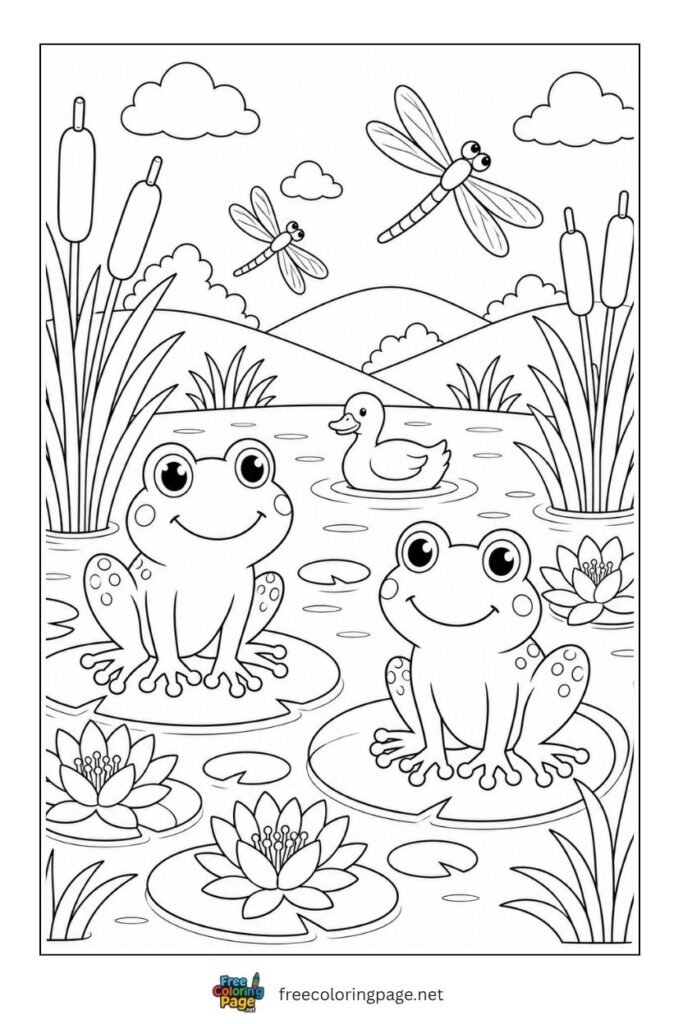 frog pond scene with flowers coloring page
