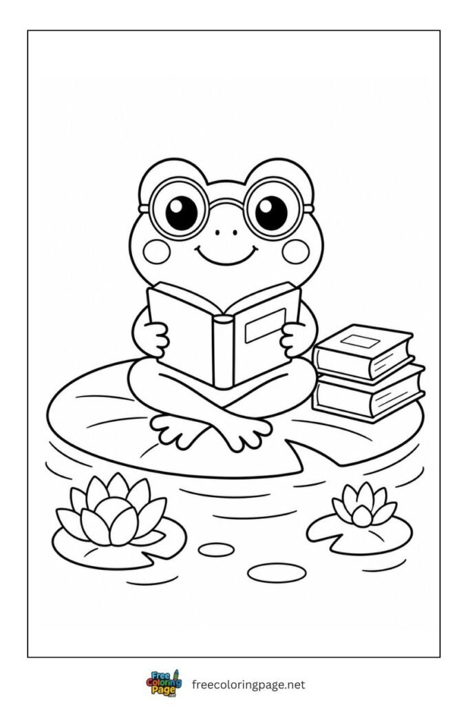 frog reading book sitting on lily pad coloring page
