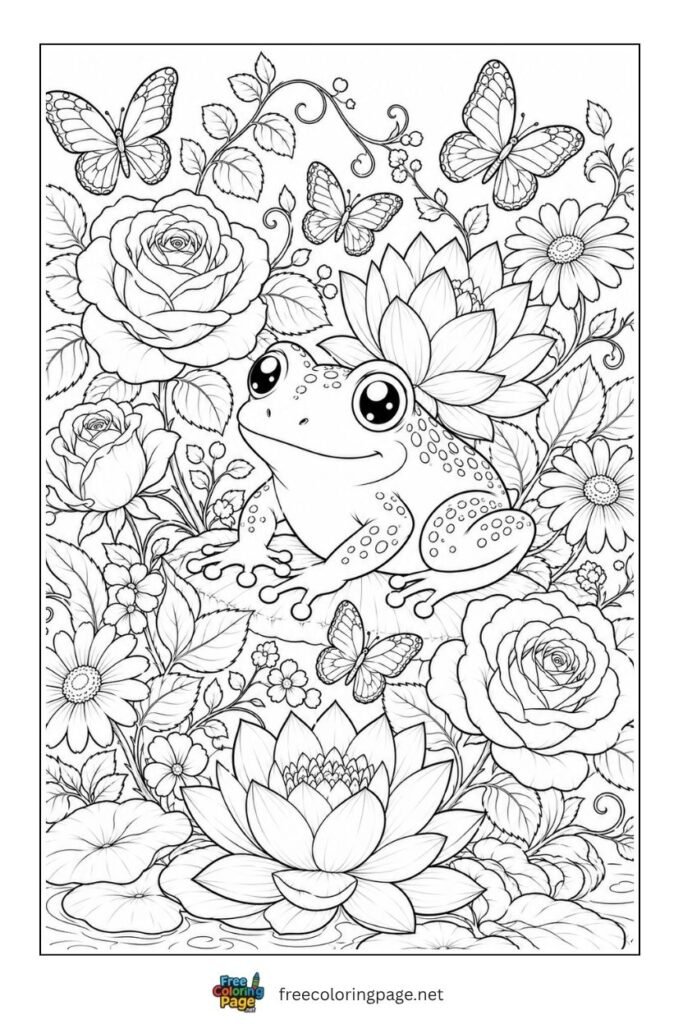 frog with flowers coloring page