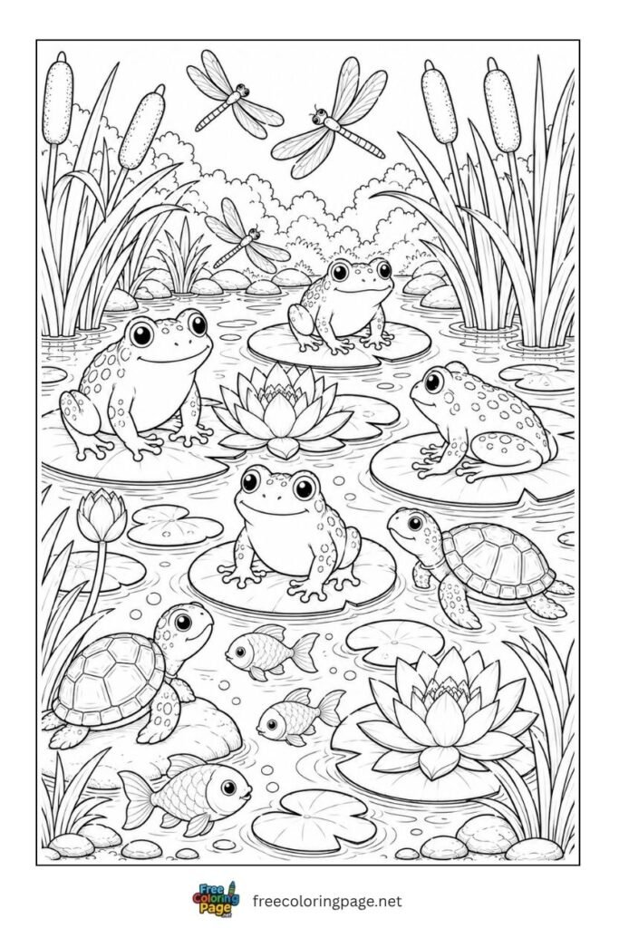 frogs sitting on lily pads with dragonflies coloring page