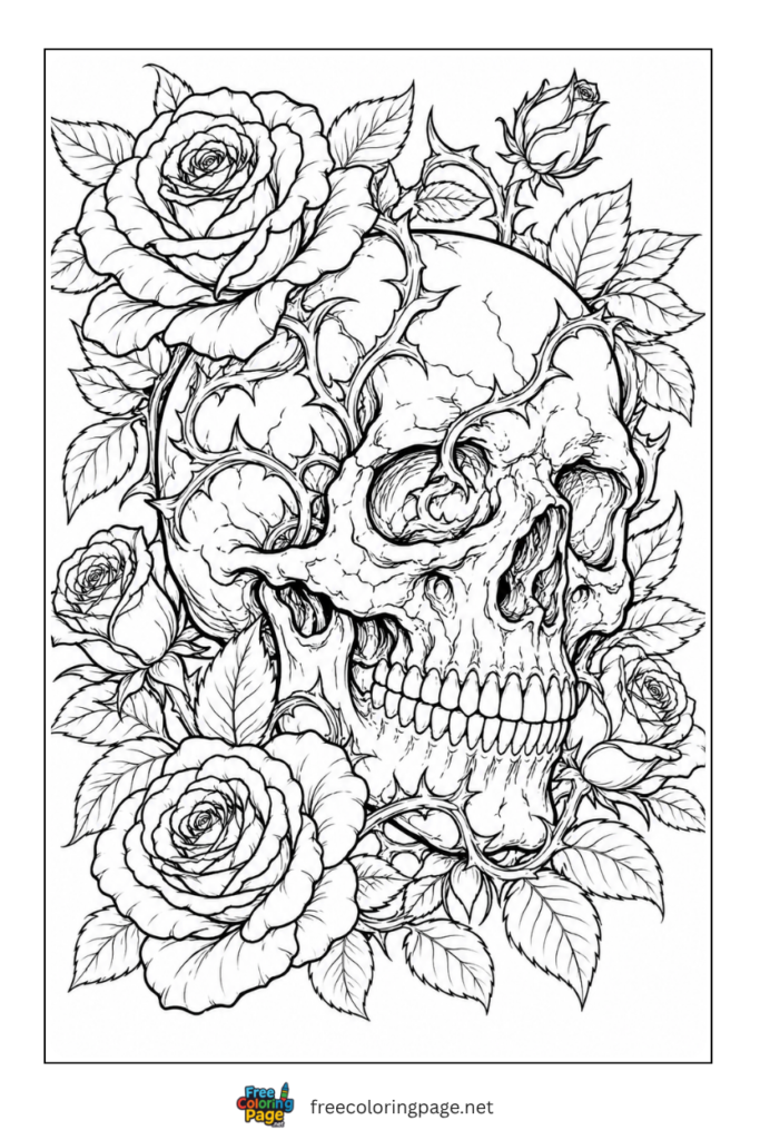 roses and gangsta skull coloring page