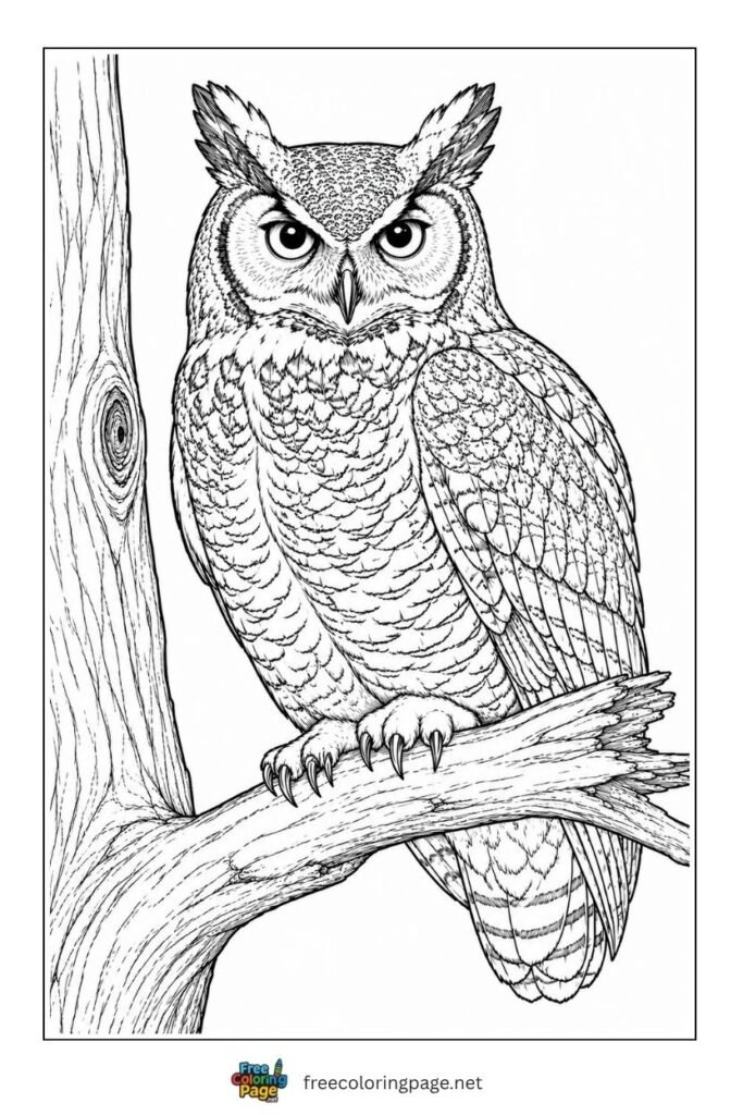 great horned owl coloring page - adult coloring