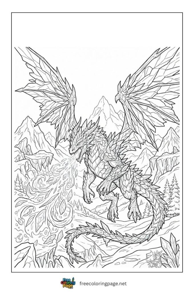 Ice Dragon throwing ice crystals coloring page
