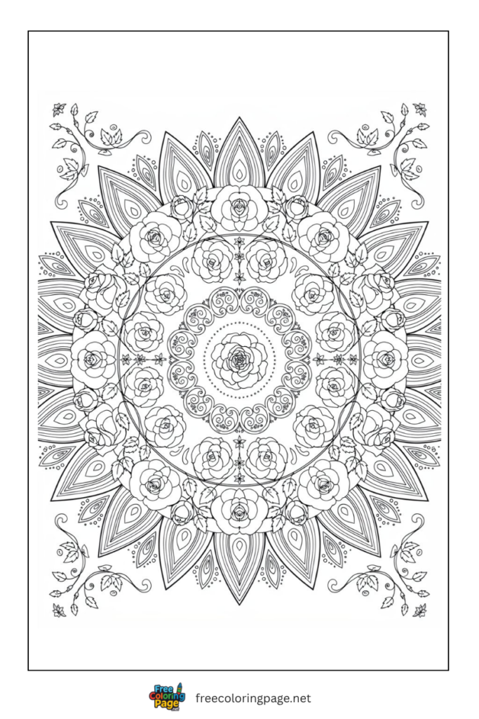 rose pattern mandala coloring page - advance coloring for adults