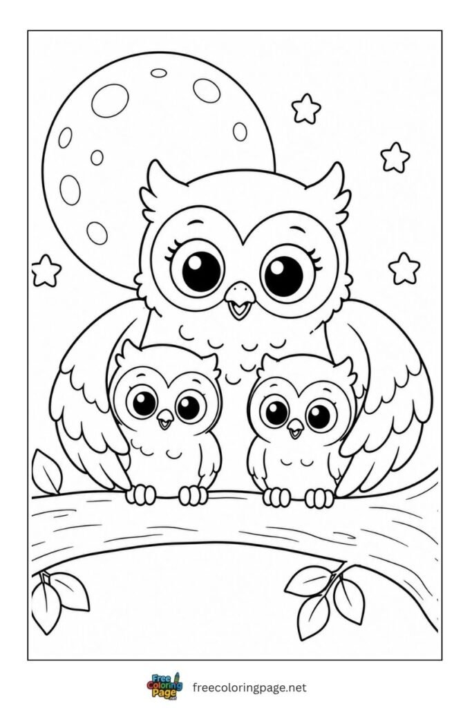kawaii owl family coloring page