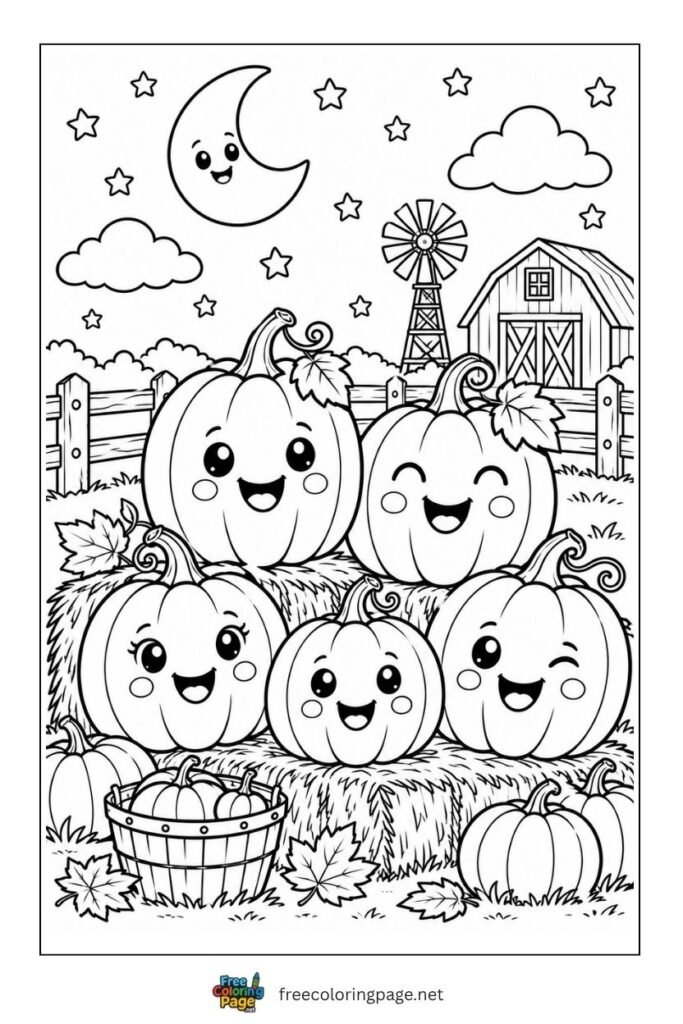 cute kawaii five little pumpkin coloring page