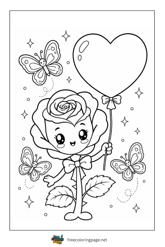 kawaii rose holding heart coloring page