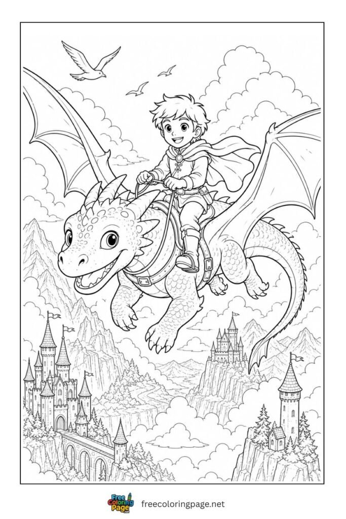 kid riding dragon coloring page - kids adventure