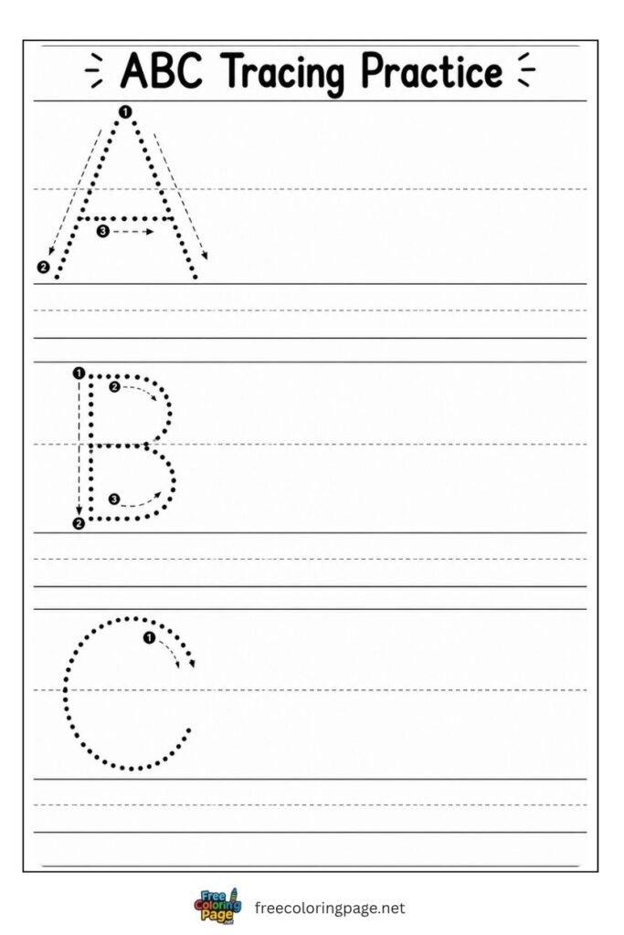 Beginner ABC tracing worksheet with large dotted A B C outlines, free printable for toddlers and early preschoolers