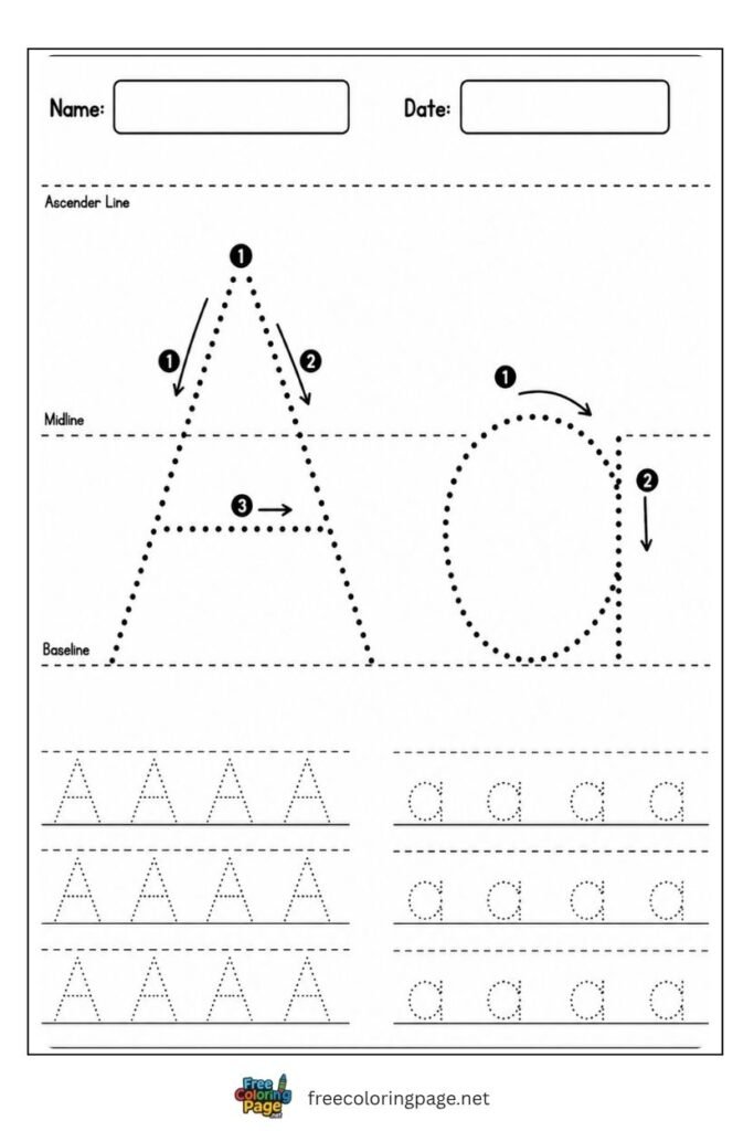 Letter A and a uppercase and lowercase tracing worksheet with dotted outlines, free printable for kindergarten