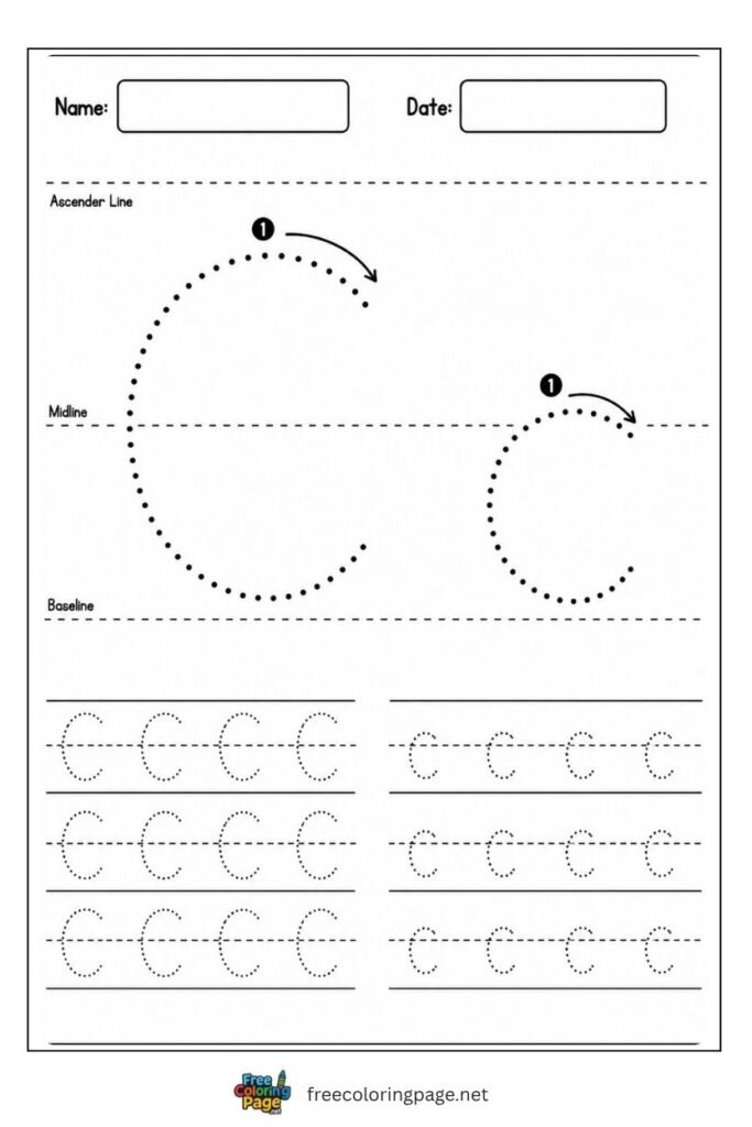 Letter C and c uppercase and lowercase tracing worksheet with dotted outlines, free printable for kindergarten