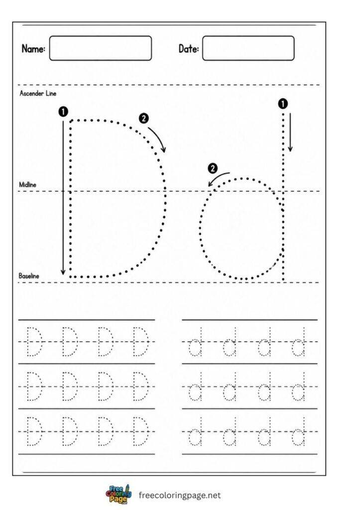 Letter D and d uppercase and lowercase tracing worksheet with dotted outlines, free printable for kindergarten