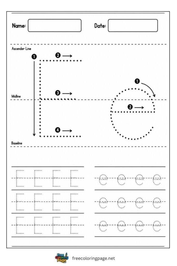 Letter E and e uppercase and lowercase tracing worksheet with dotted outlines, free printable for kindergarten