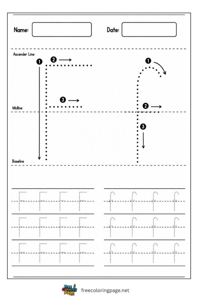 Letter F and f uppercase and lowercase tracing worksheet with dotted outlines, free printable for kindergarten