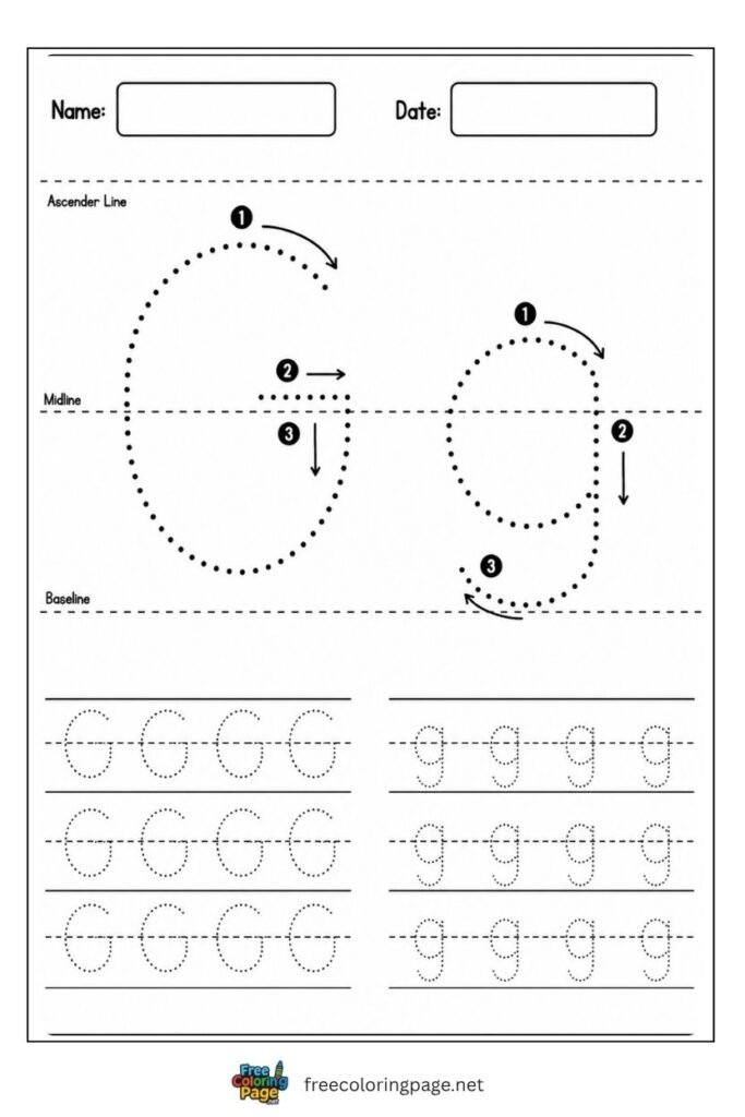 Letter G and g uppercase and lowercase tracing worksheet with dotted outlines, free printable for kindergarten