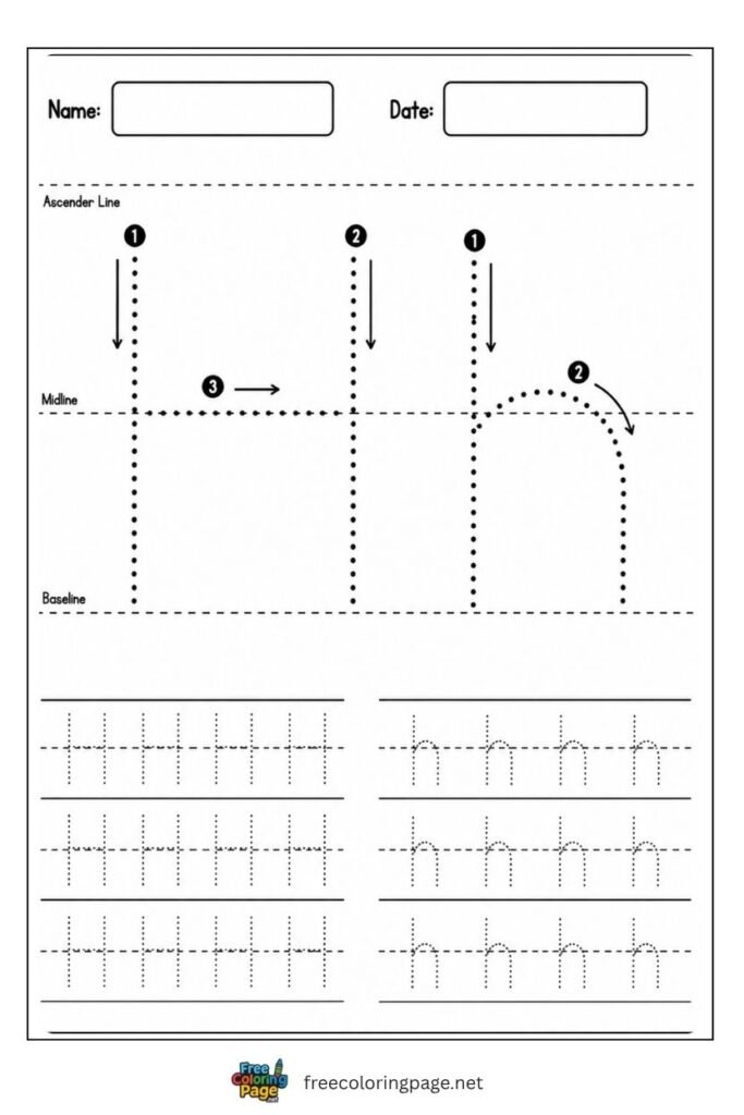 Letter H and h uppercase and lowercase tracing worksheet with dotted outlines, free printable for kindergarten