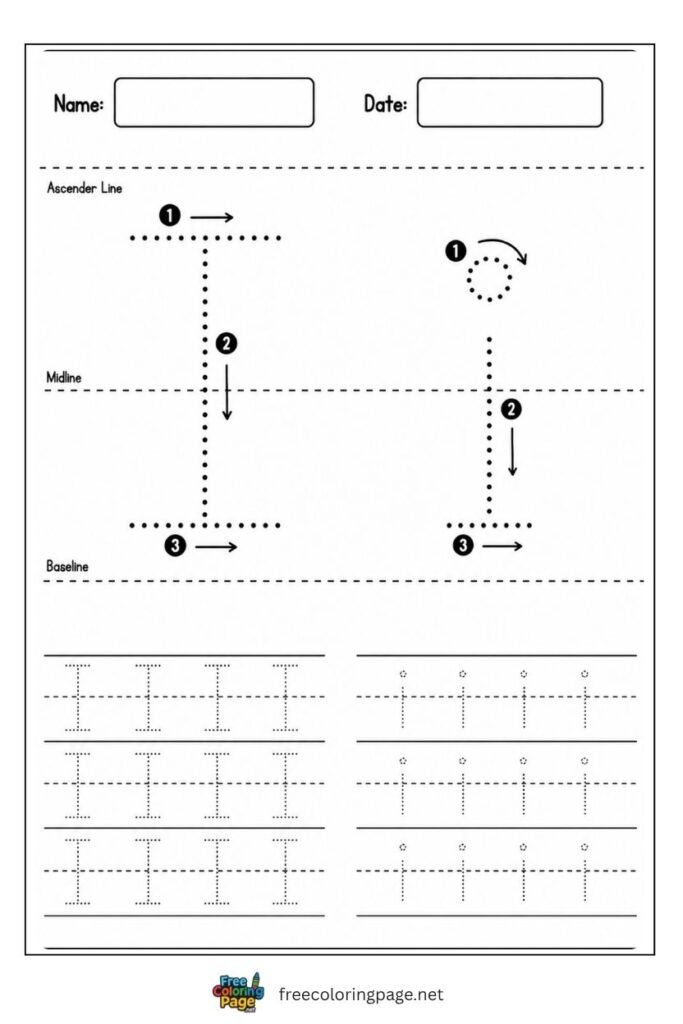 Letter I and i uppercase and lowercase tracing worksheet with dotted outlines, free printable for kindergarten