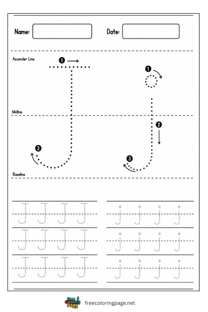 Letter J and j uppercase and lowercase tracing worksheet with dotted outlines, free printable for kindergarten