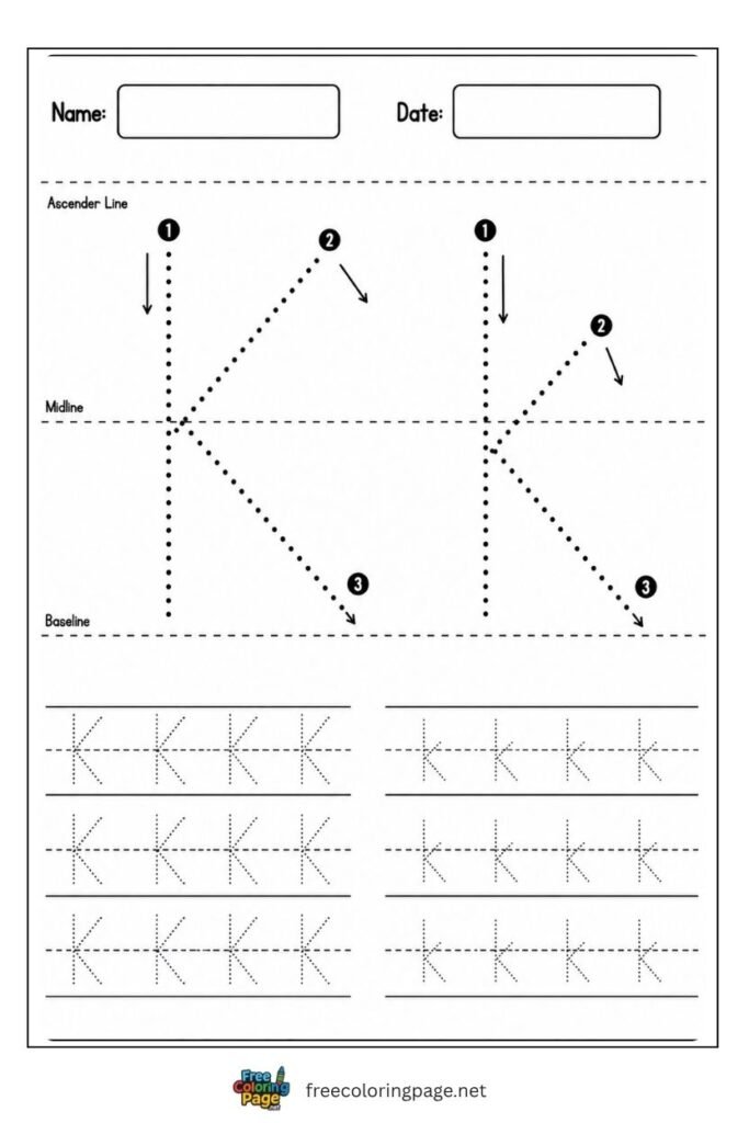 Letter K and k uppercase and lowercase tracing worksheet with dotted outlines, free printable for kindergarten