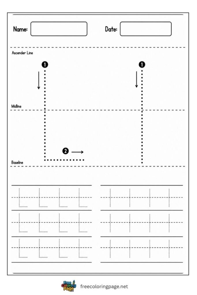 Letter L and l uppercase and lowercase tracing worksheet with dotted outlines, free printable for kindergarten