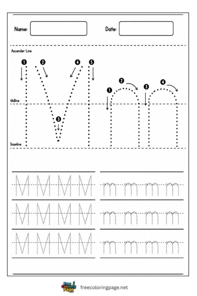 Letter M and m uppercase and lowercase tracing worksheet with dotted outlines, free printable for kindergarten