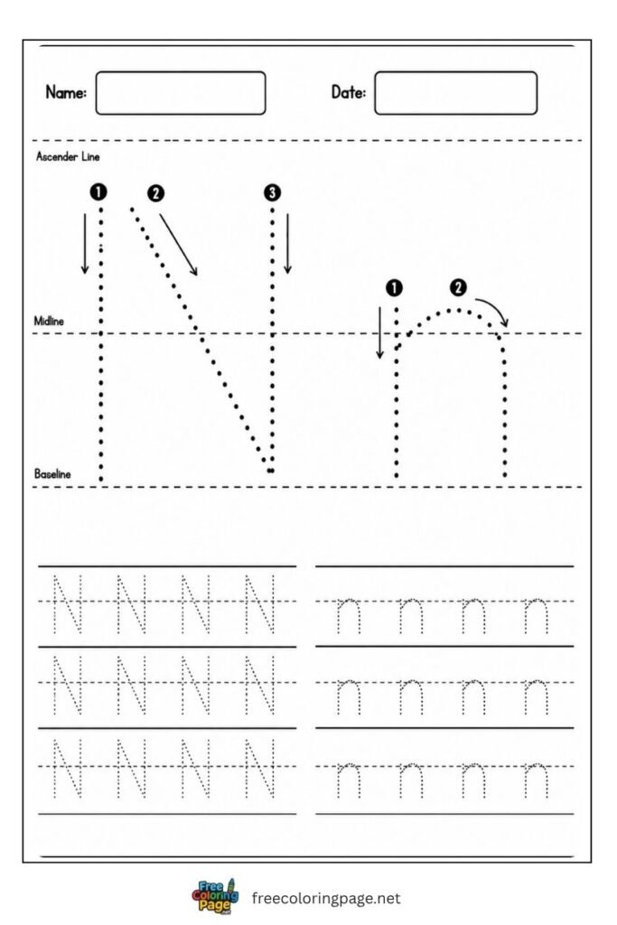 Letter N and n uppercase and lowercase tracing worksheet with dotted outlines, free printable for kindergarten
