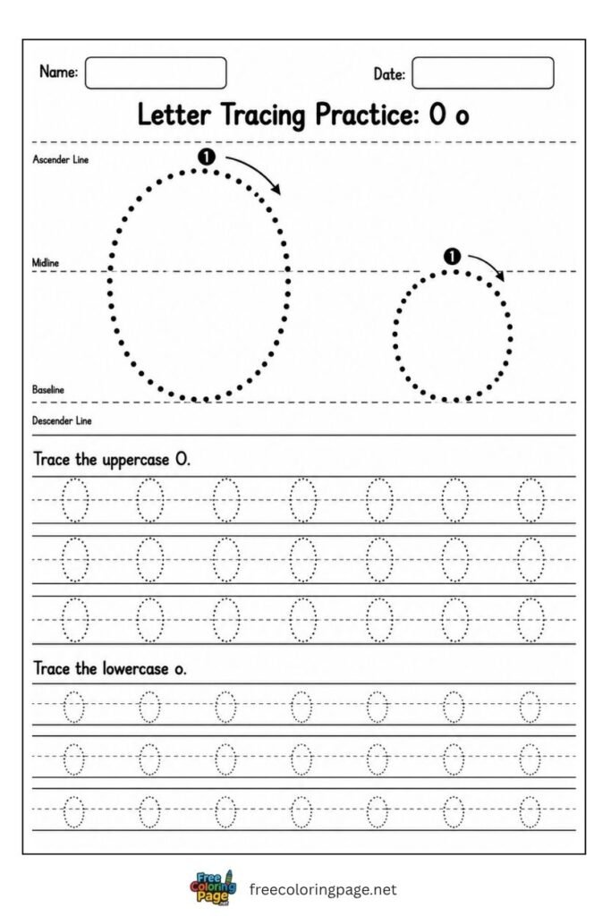 Letter O and o uppercase and lowercase tracing worksheet with dotted outlines, free printable for kindergarten