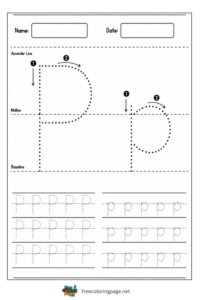 Letter P and p uppercase and lowercase tracing worksheet with dotted outlines, free printable for kindergarten