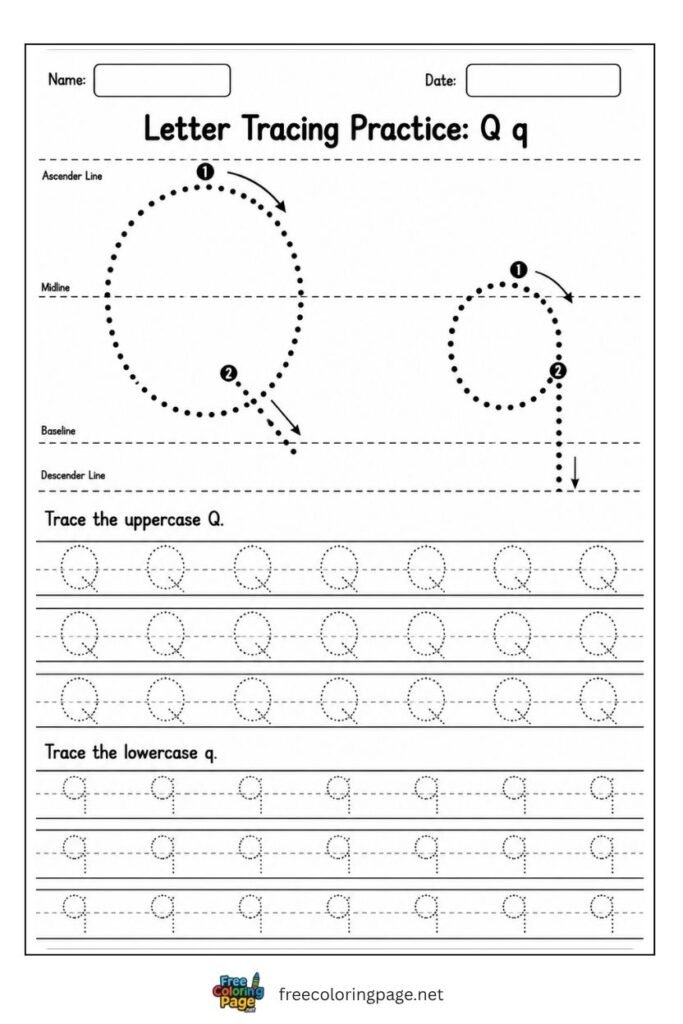 Letter Q and q uppercase and lowercase tracing worksheet with dotted outlines, free printable for kindergarten