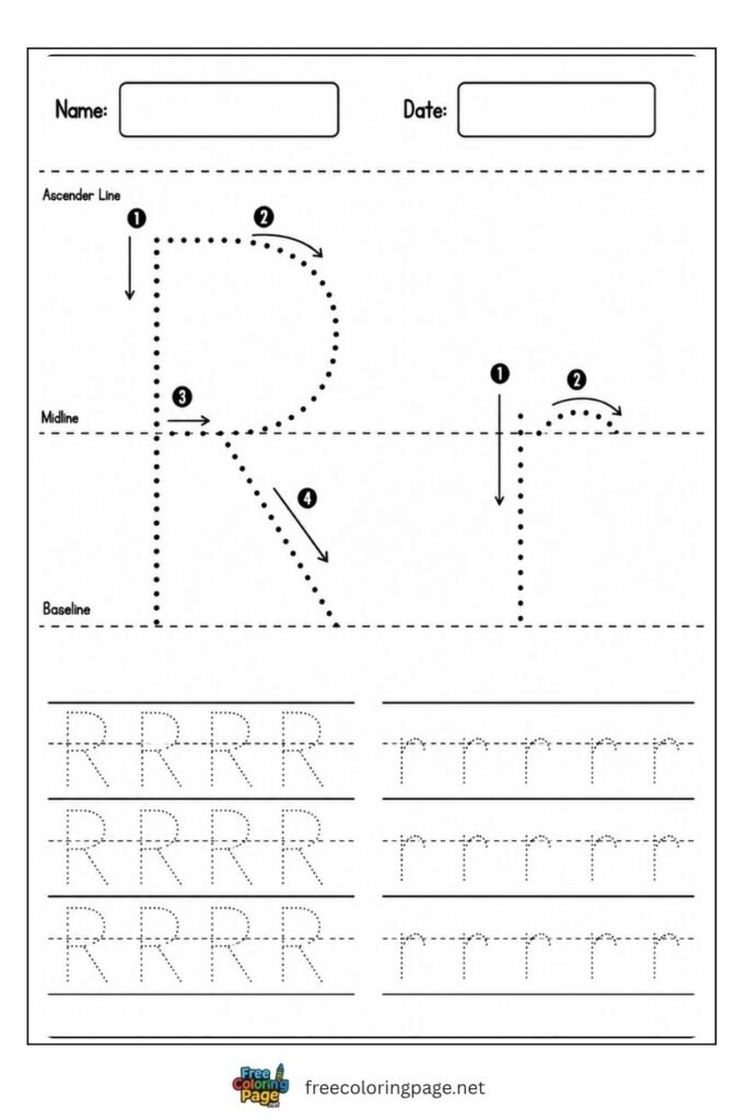 Letter R and r uppercase and lowercase tracing worksheet with dotted outlines, free printable for kindergarten