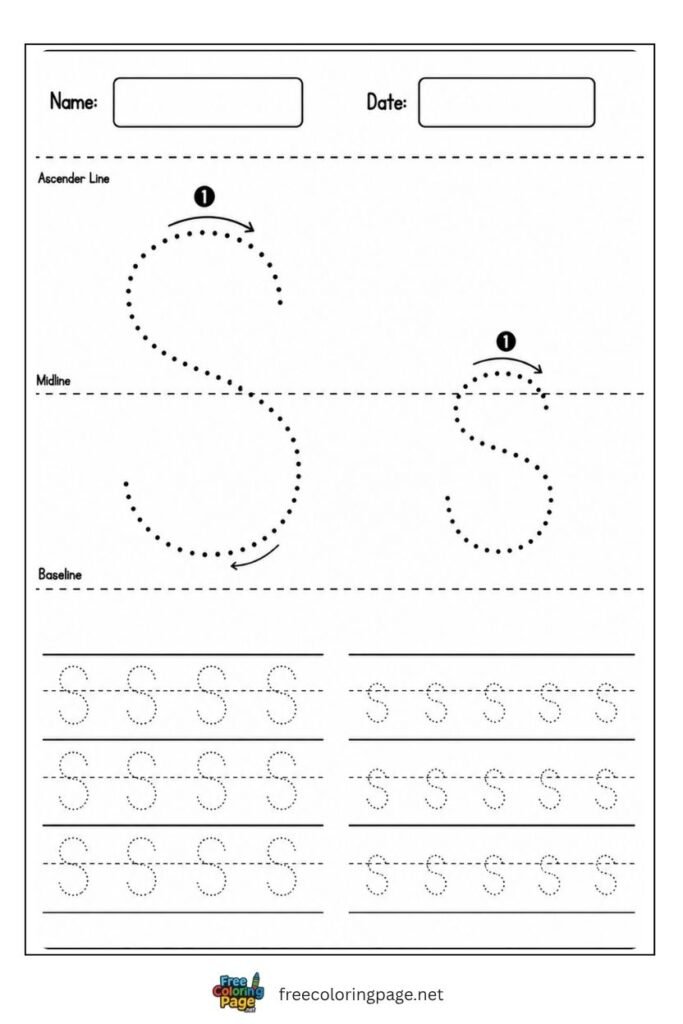 Letter S and s uppercase and lowercase tracing worksheet with dotted outlines, free printable for kindergarten