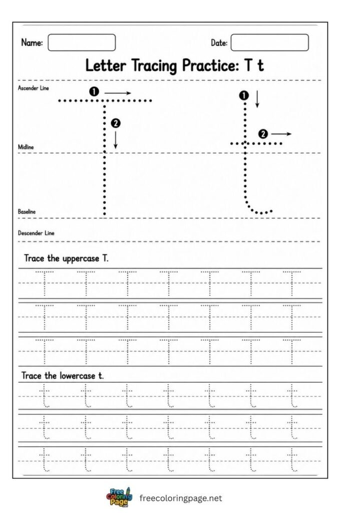 Letter T and t uppercase and lowercase tracing worksheet with dotted outlines, free printable for kindergarten