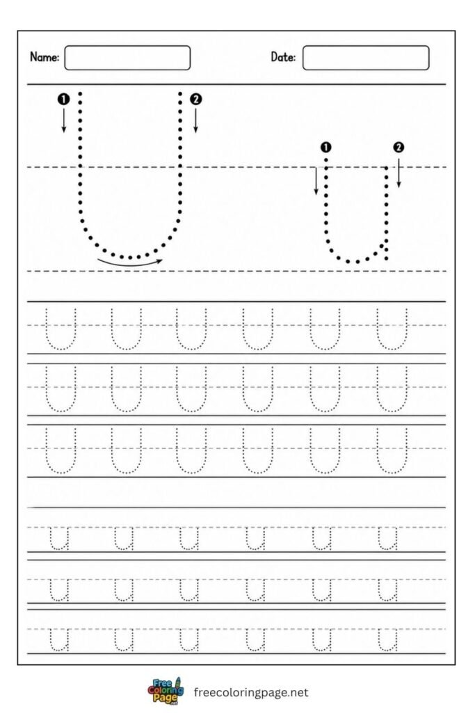Letter U and u uppercase and lowercase tracing worksheet with dotted outlines, free printable for kindergarten