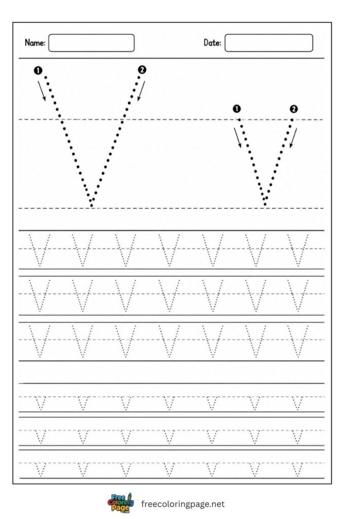 Letter V and v uppercase and lowercase tracing worksheet with dotted outlines, free printable for kindergarten