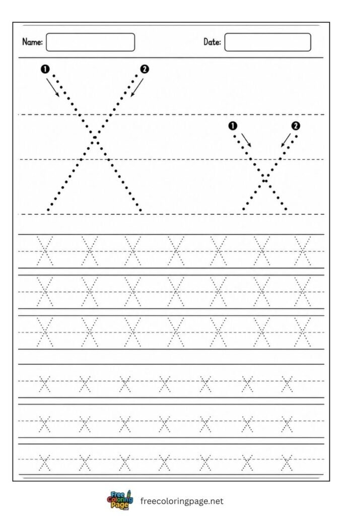 Letter X and x uppercase and lowercase tracing worksheet with dotted outlines, free printable for kindergarten