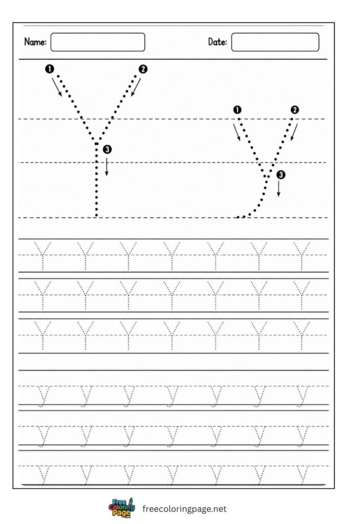 Letter Y and y uppercase and lowercase tracing worksheet with dotted outlines, free printable for kindergarten